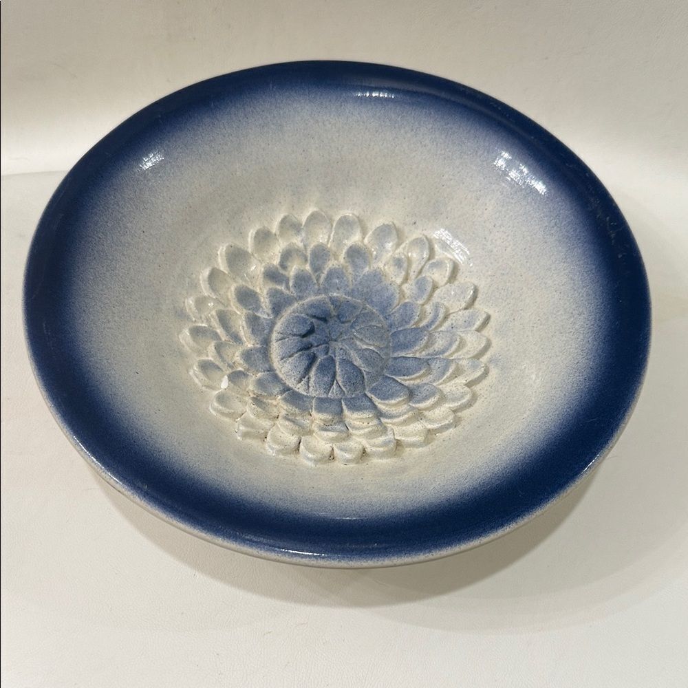 Eclipse Candle England Ceramic Bowl Blue Cream Raise Floral Design 10 In X 2 1/2